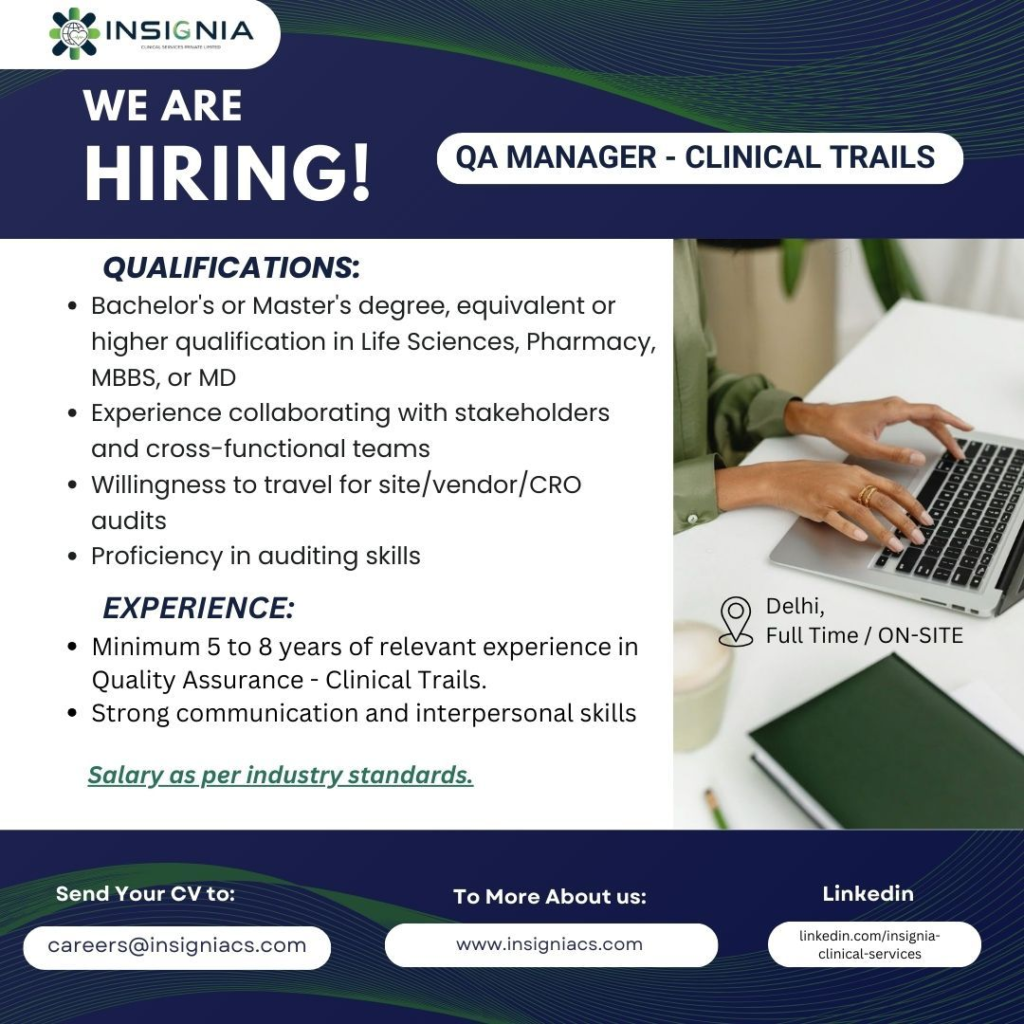 Insignia Clinical Services Hiring for QA Manager – Clinical Trials