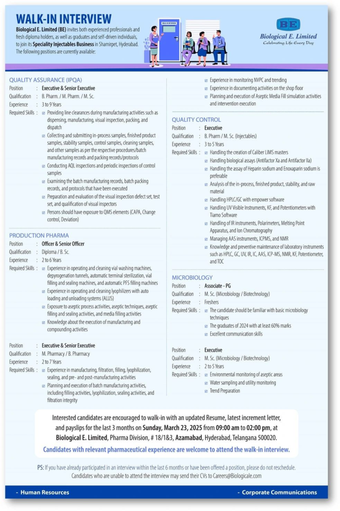 Biological E. Limited – Walk-In Interviews for Speciality Injectables Business on 23rd march
