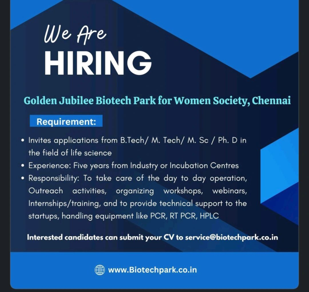 Biotech Park Hiring B.Tech / M.Tech / M.Sc / Ph.D Candidates