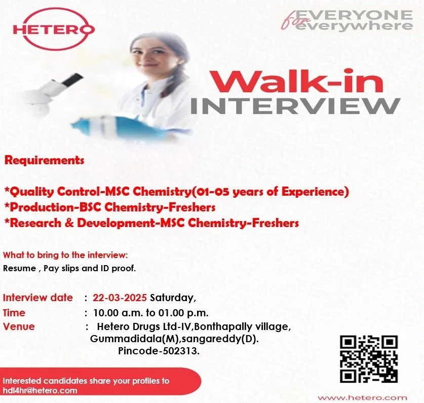 Hetero Labs Limited Walk-In Interviews for QC, Production and R&D on 22nd March