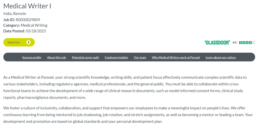 Parexel - Remote Job Opening for Medical Writer I (India)