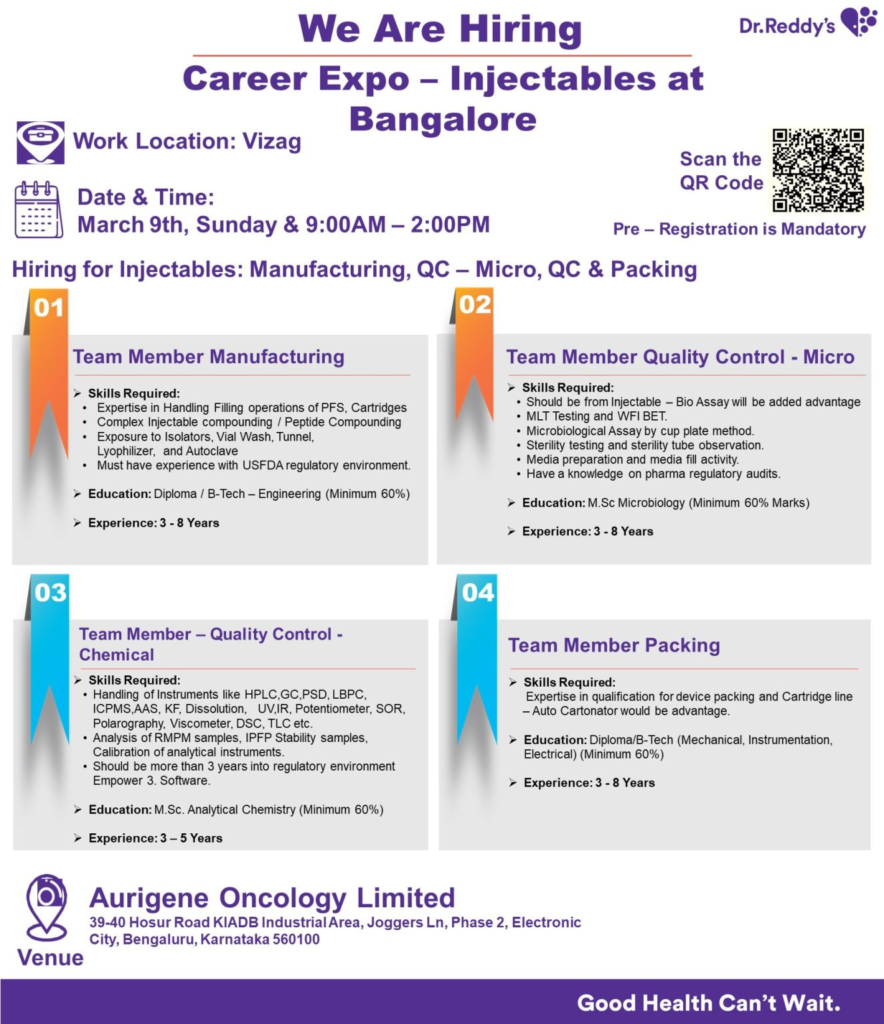 Dr. Reddy’s Laboratory - Walk in Interview for Manufacturing, QC and Packing on 9th March