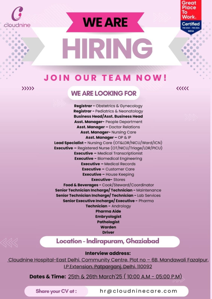 Cloudnine Walk In Interview for Medical Roles on 25th - 26th March