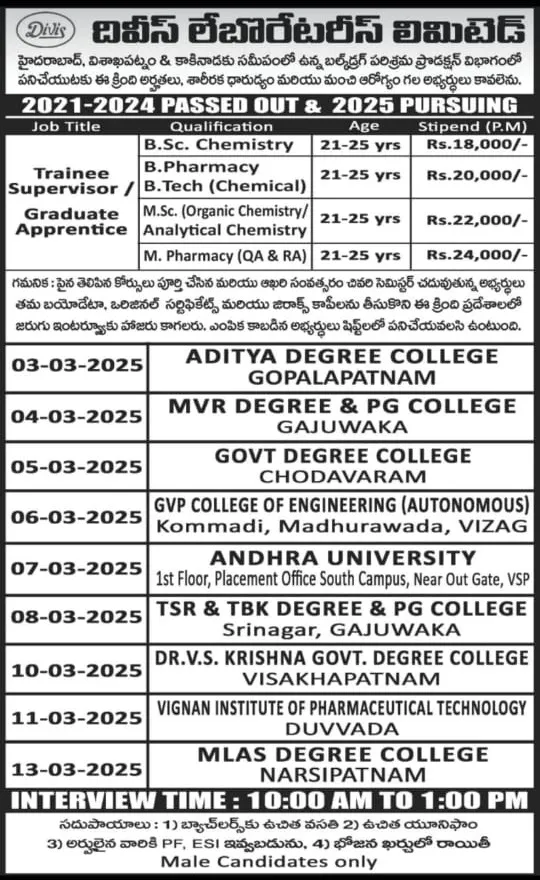Divis Laboratories Ltd. Walk-In Drive for Freshers