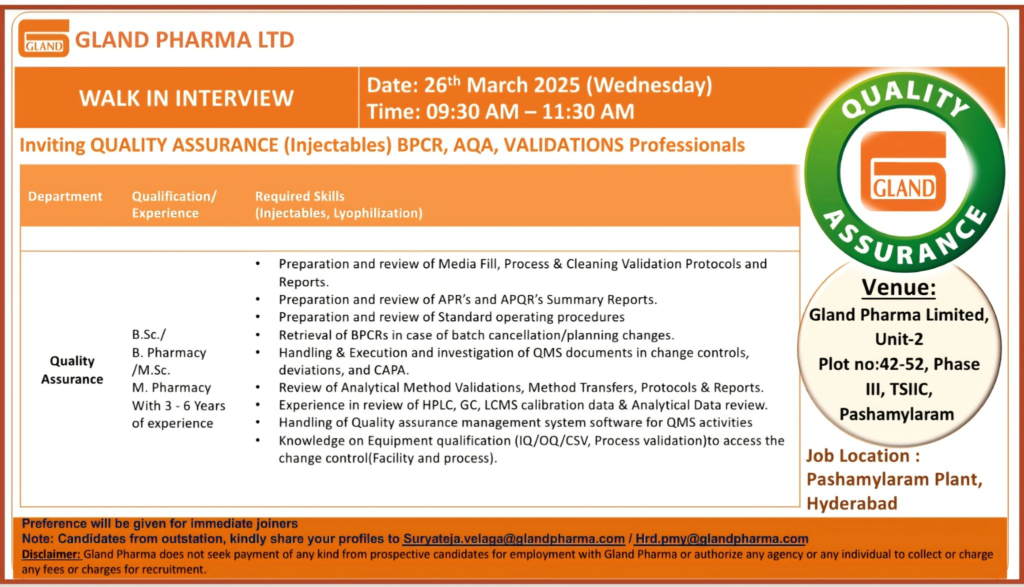 Gland Pharma Ltd Walk-In Interview for Quality Assurance (Injectables) on 26th March