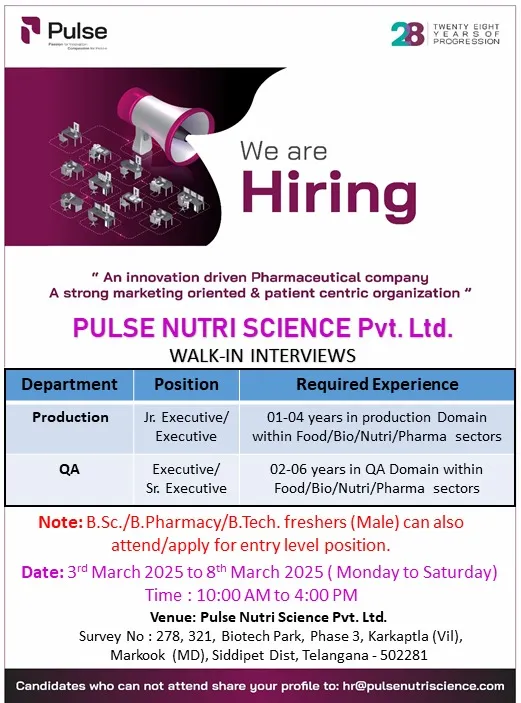 Pulse Nutri Science Walk in Interview for QA & Production (Freshers and Experienced)