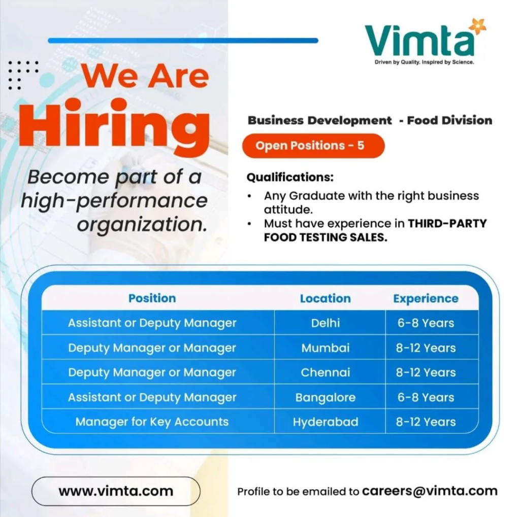 Vimta Is Actively Hiring for Business Development - Food Division