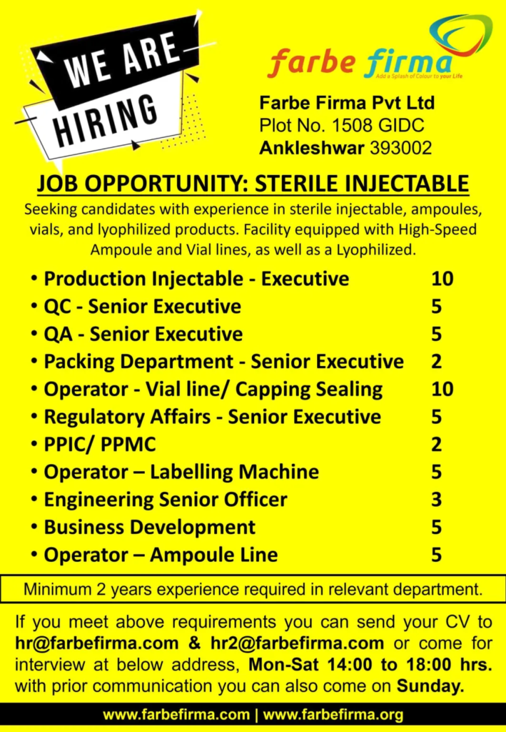 Farbe Firma Hiring for QA, QC, Packing, Regulatory Affairs, Operator, Engineer and More