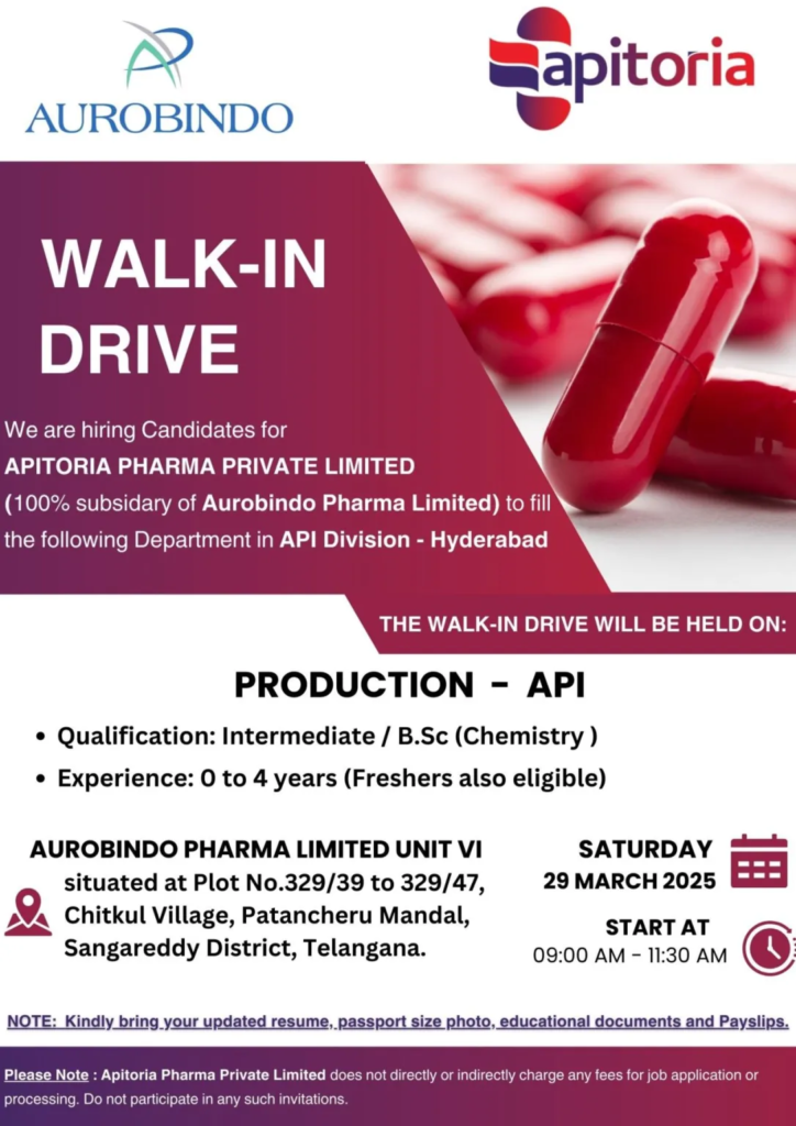 Apitoria Pharma Walk-In Drive for Production Professionals on March 29, 2025!