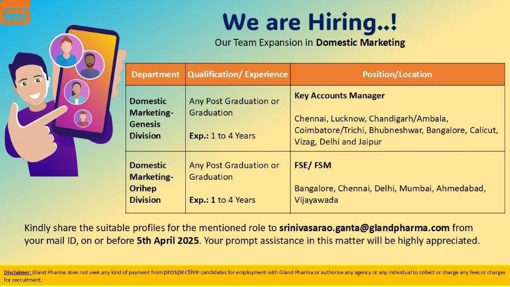 Gland Pharma - Job Openings for Multiple Positions on 5th April