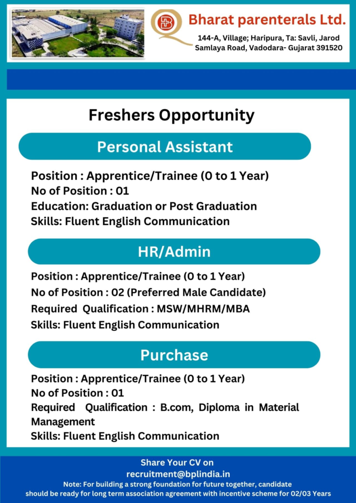 Bharat Parenterals Ltd Hiring for Freshers