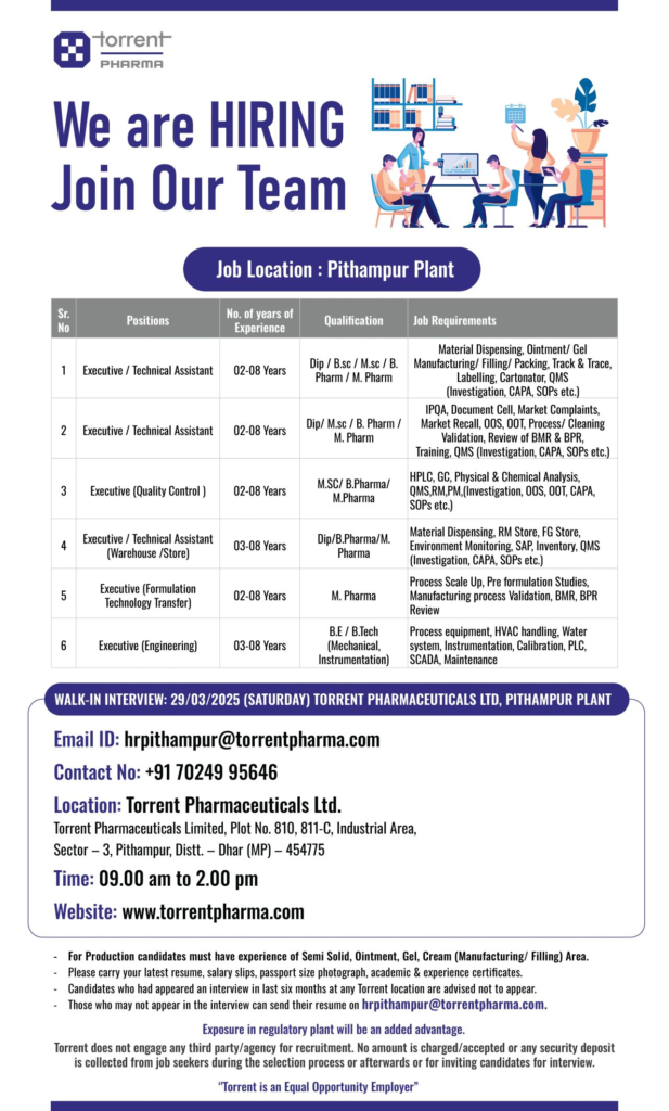 Torrent Pharma Walk in Interview in Pithampur Plant on 29th March