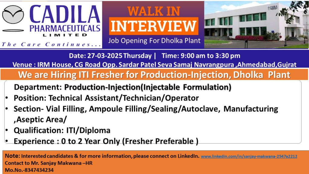 Cadila Pharmaceuticals Walk-In Interview for Dholka Plant on 27th March