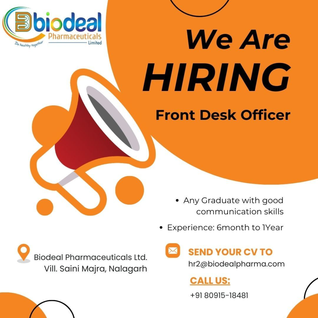 Biodeal Pharmaceuticals Hiring for Front Desk Officer Opportunity