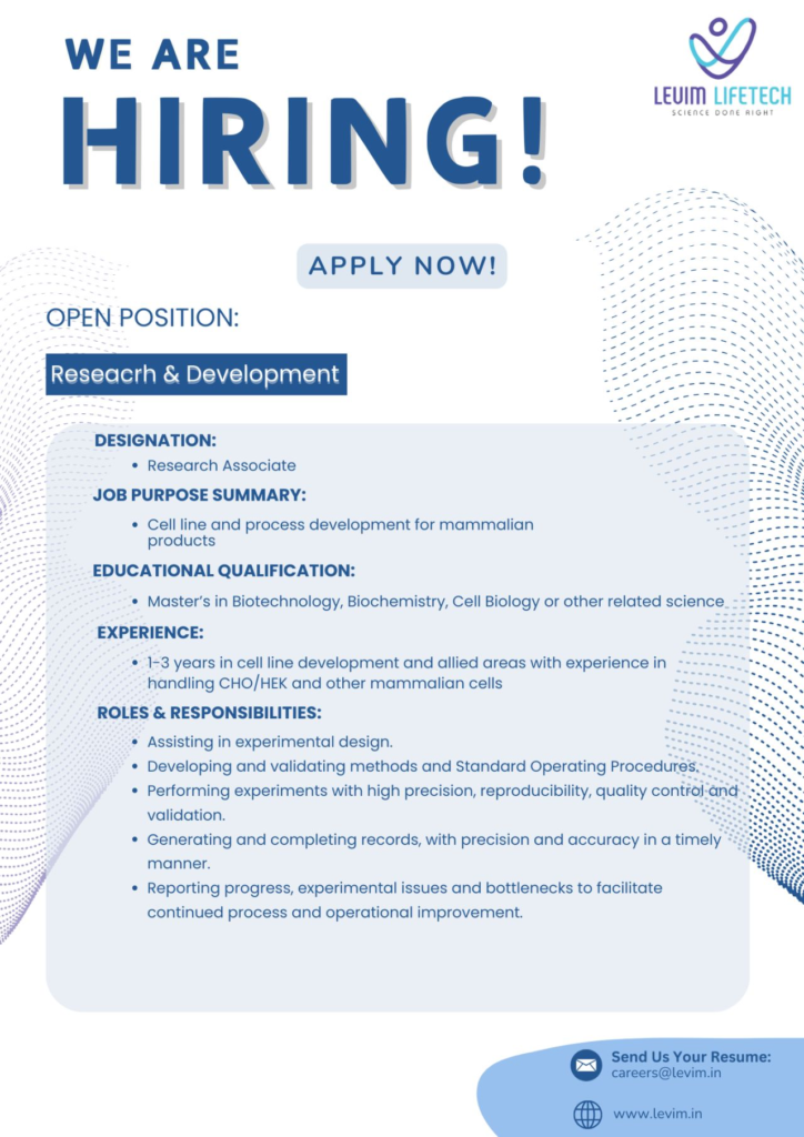 Levim Lifetech Hiring for Research & Development (1-3 Years Exp)