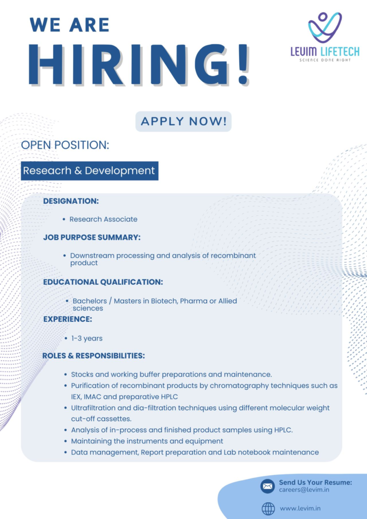 Levim Lifetech Hiring for Research & Development (1-3 Years Exp)