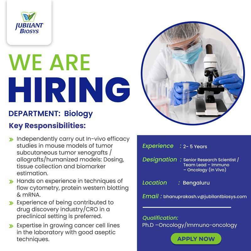 Jubilant Biosys Hiring: Senior Research Scientist / Team Lead – Immuno Oncology (In Vivo)