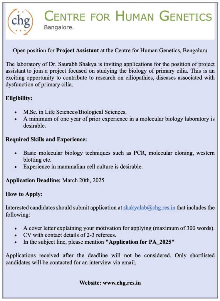 Project Assistant Position at Centre for Human Genetics, Bengaluru