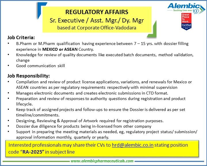 Alembic Pharmaceuticals Hiring for Regulatory Affairs Sr. Executive / Asst. Manager / Dy. Manager