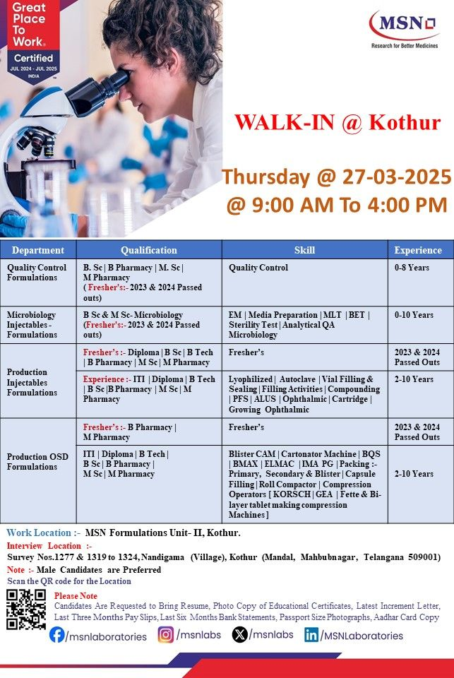 MSN Laboratories Walk-In Interview: QC, Microbiology, and Production Roles
