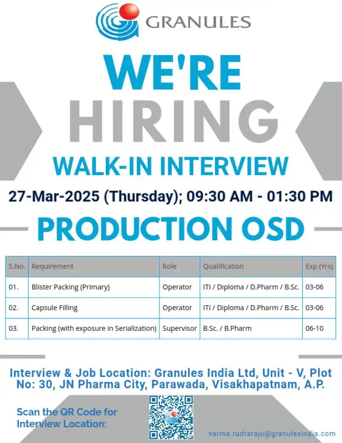 Granules India Ltd – Walk-In Drive for Production OSD Roles in Visakhapatnam
