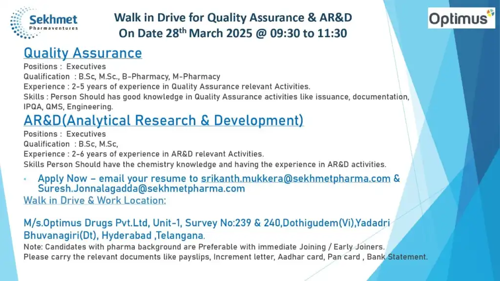 Optimus Drugs – Walk-In Interview for Quality Assurance & AR&D Roles