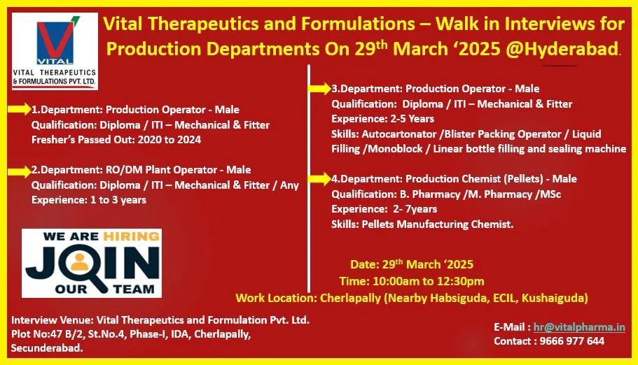 Vital Therapeutics – Walk-In Interviews for Freshers & Experienced in Production Roles