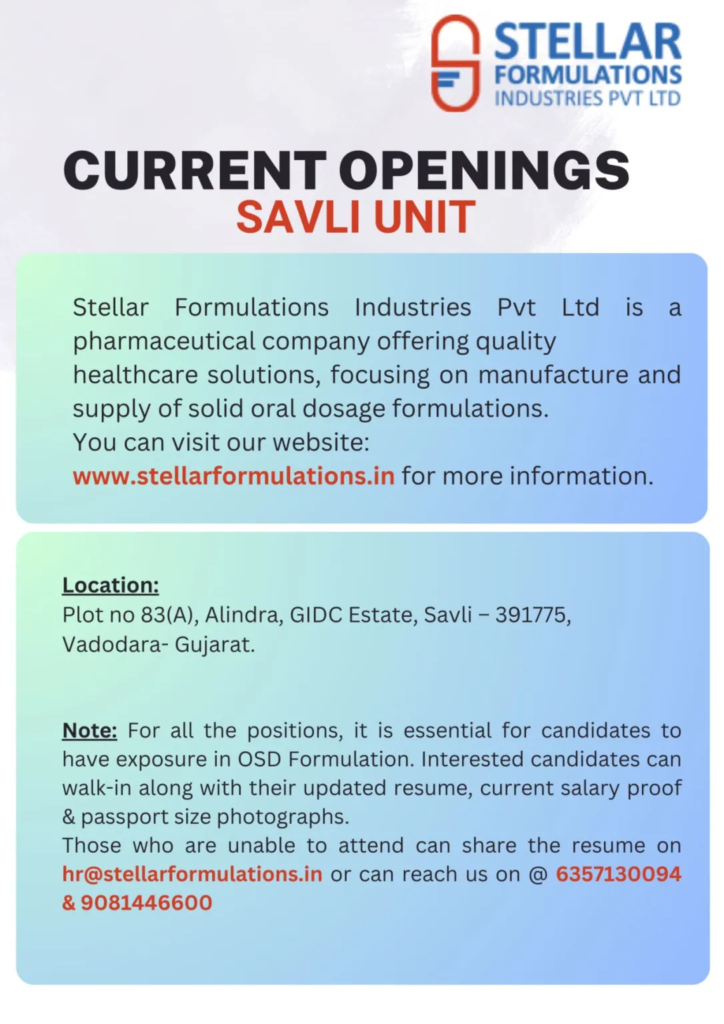 Stellar Formulations – Multiple Vacancies for Freshers & Experienced in Various Departments