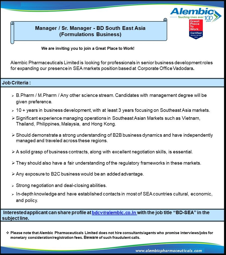 Alembic Pharmaceuticals Hiring