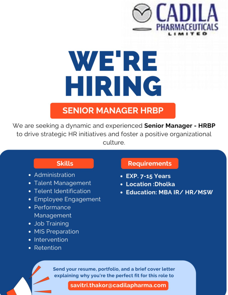 Cadila Pharmaceuticals Limited Is Hiring For Senior Manager HRBP in Dhokla