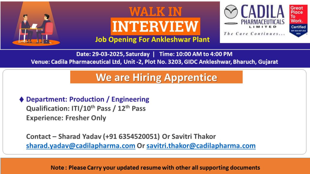 Cadila Pharmaceuticals Limited Walk-In Interview for Apprentice on 29th March