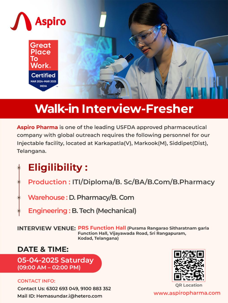 Aspiro Pharma - Walk-In Interview for Freshers in Production, Warehouse, Engineering Department on 5th April
