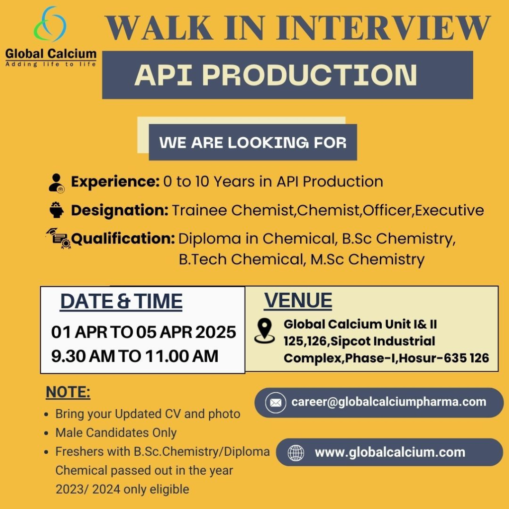 Global Calcium Walk-in Interview - API Production Jobs (0-10 Years Exp)