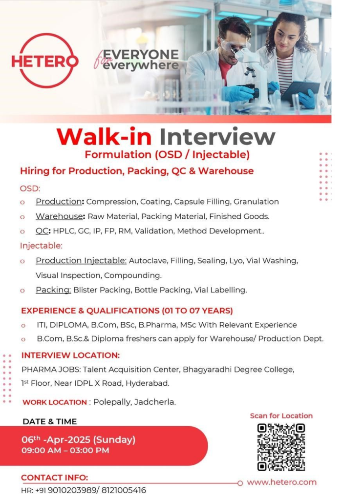 Hetero Walk-In Interview for OSD and Injectable Roles in Production, Warehouse, QC and Packing on 6th April