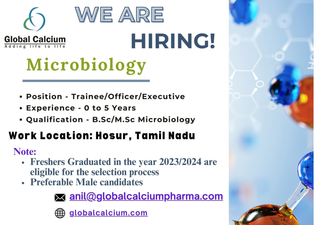 Global Calcium Hiring 2025: Microbiology Trainee/Officer/Executive Jobs in Hosur