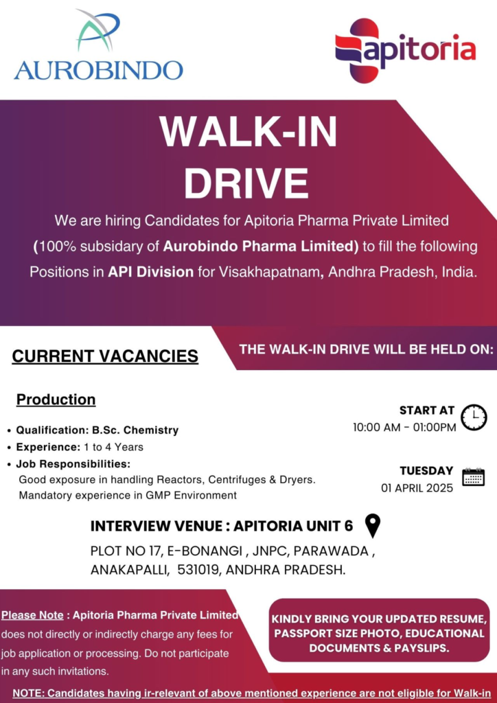 Aurobindo’s Apitoria Pharma Walk-In Drive for Production Roles on 1st April