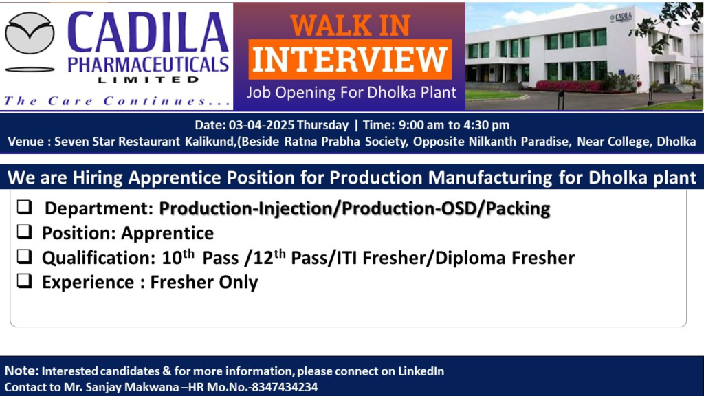 Cadila Pharmaceuticals Limited Walk-In Interview for Apprentices on 3rd April
