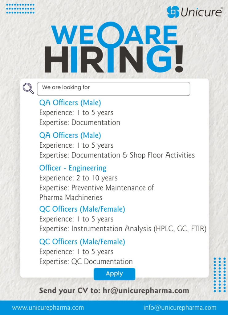 Unicure Pharma Is Hiring for QA, QC and Officer