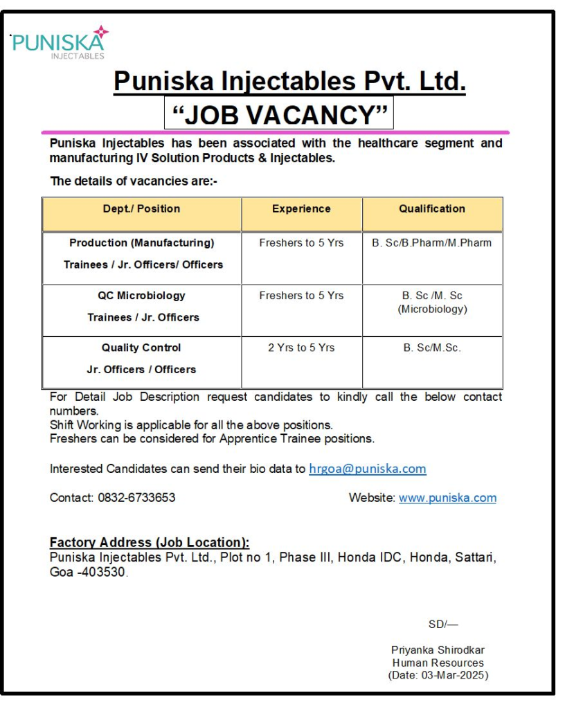 Puniska Injectables Hiring for QA, QC, Production (Manufacturing) - Trainees / Jr. Officers / Officers