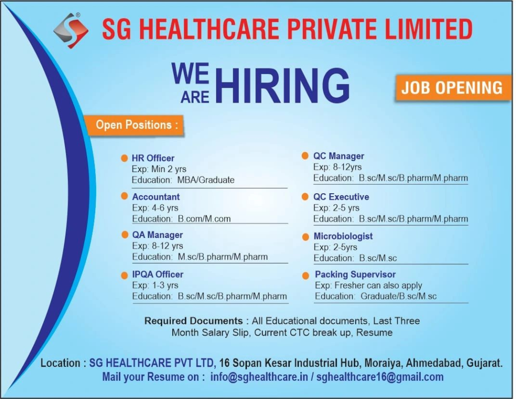 SG Healthcare Pvt. Ltd. Job Openings for Multiple Positions