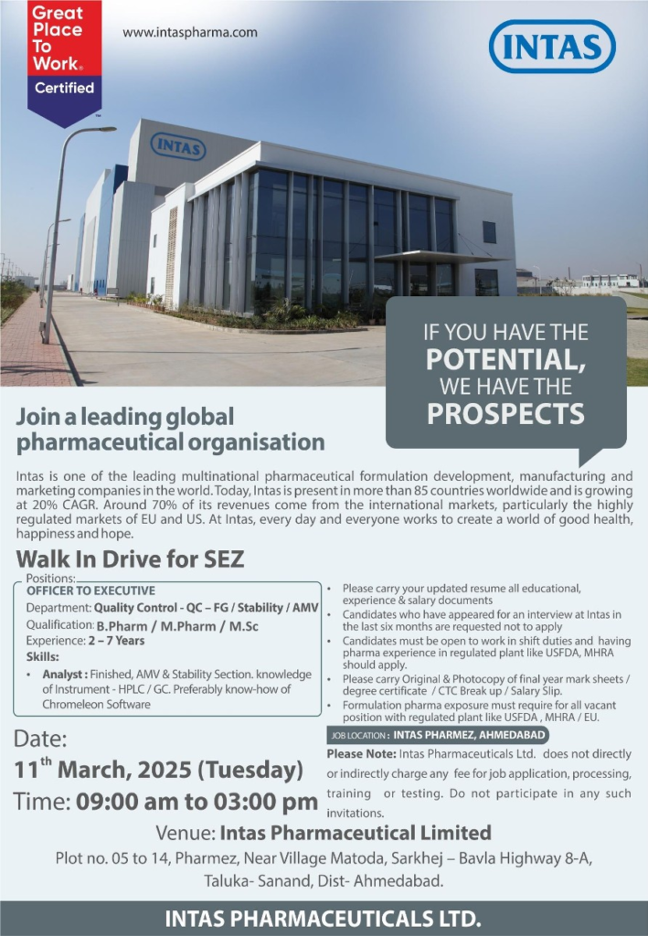 Intas Pharmaceuticals Ltd Walk-In Drive for Quality Control Positions
