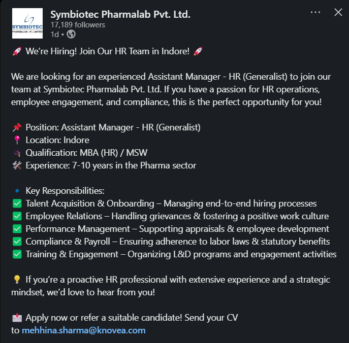 Symbiotec Pharmalab Hiring for Assistant Manager - HR (Generalist) in Indore