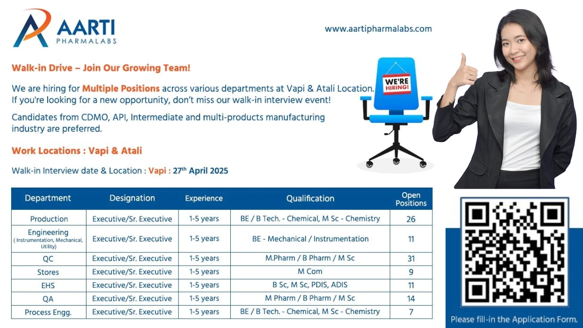 Aarti Pharmalabs Ltd. Walk-In Interview for Production, Engineering, QA, Store, QC and EHS