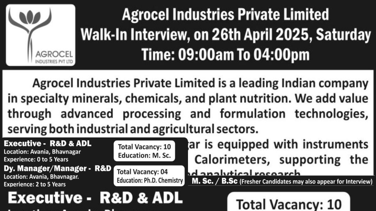 Agrocel Industries Pvt. Ltd. Walk-In Interview for R&D Opportunities