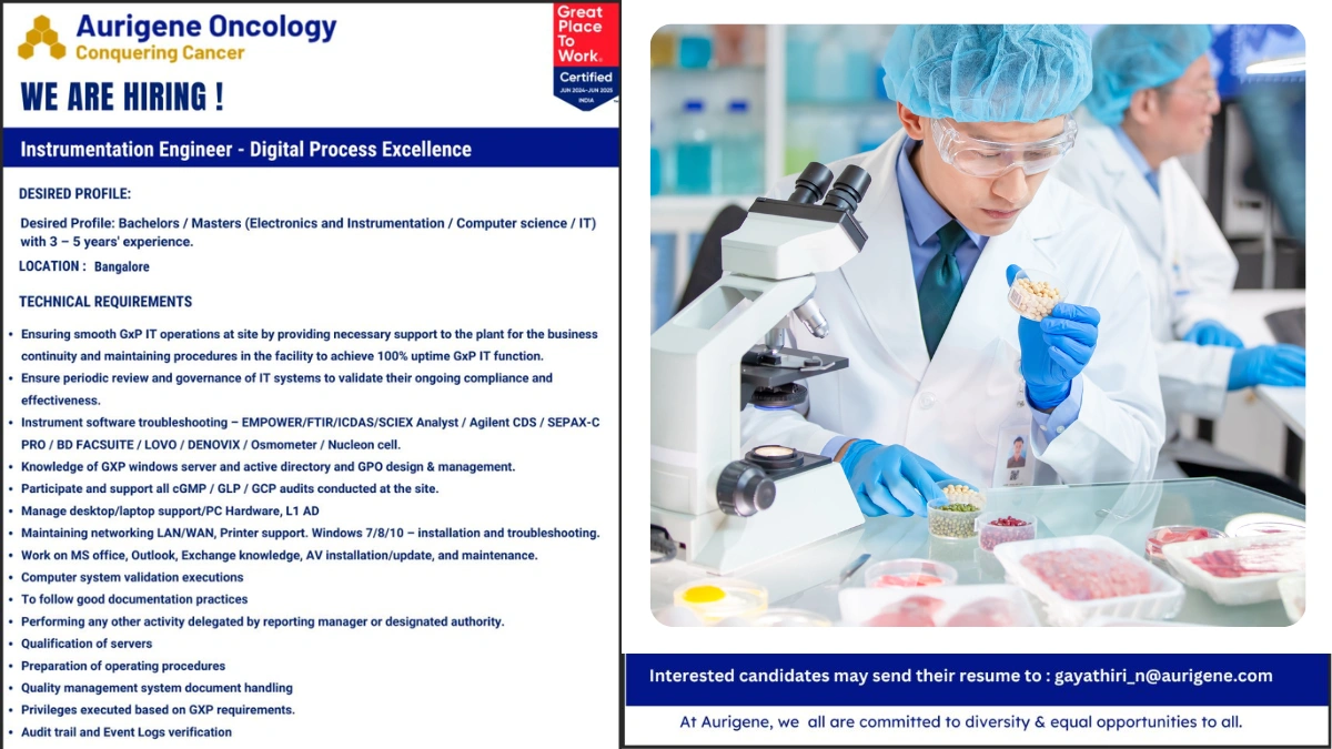 Aurigene Oncology - Job Openings for Instrumentation Engineer - Digital Process Excellence