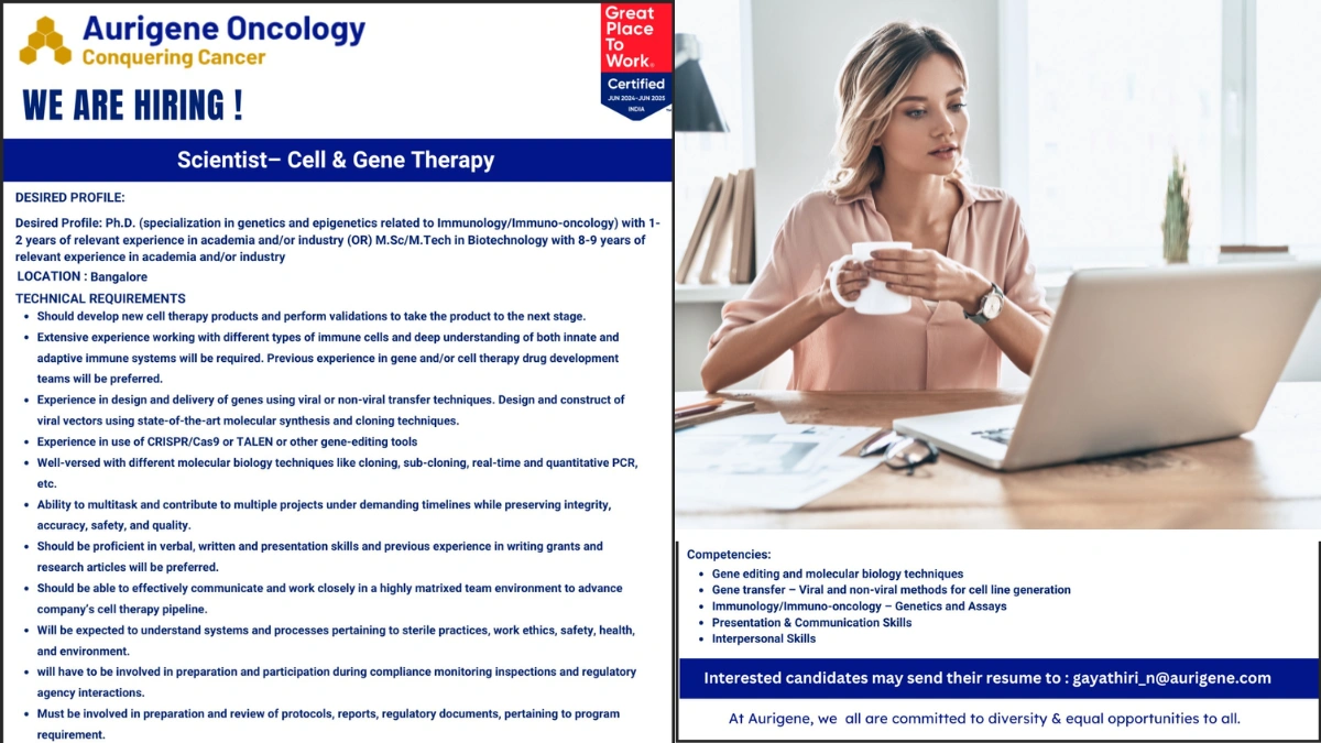 Aurigene Oncology is Hiring a Scientist - Cell & Gene Therapy!
