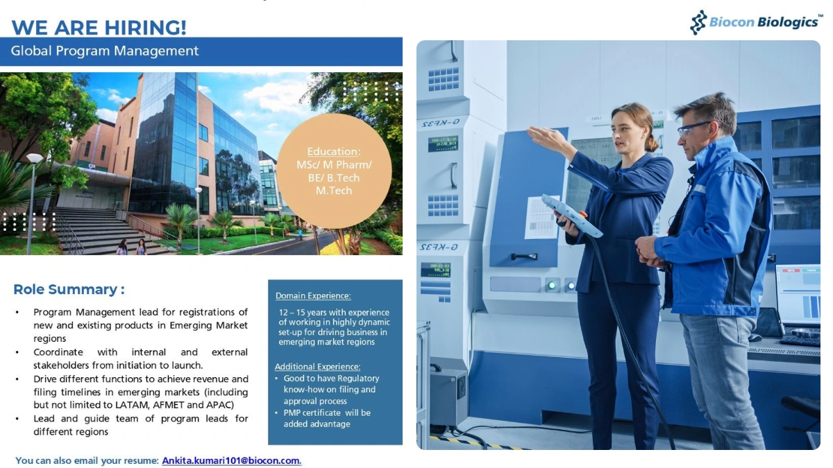 Biocon Biologics Job Openings for Program Management Lead - Global Program Management