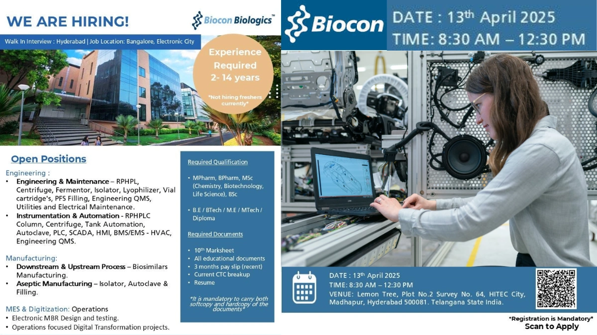 Biocon Biologics Walk-In Interview for Engineering & manufacturing Departments