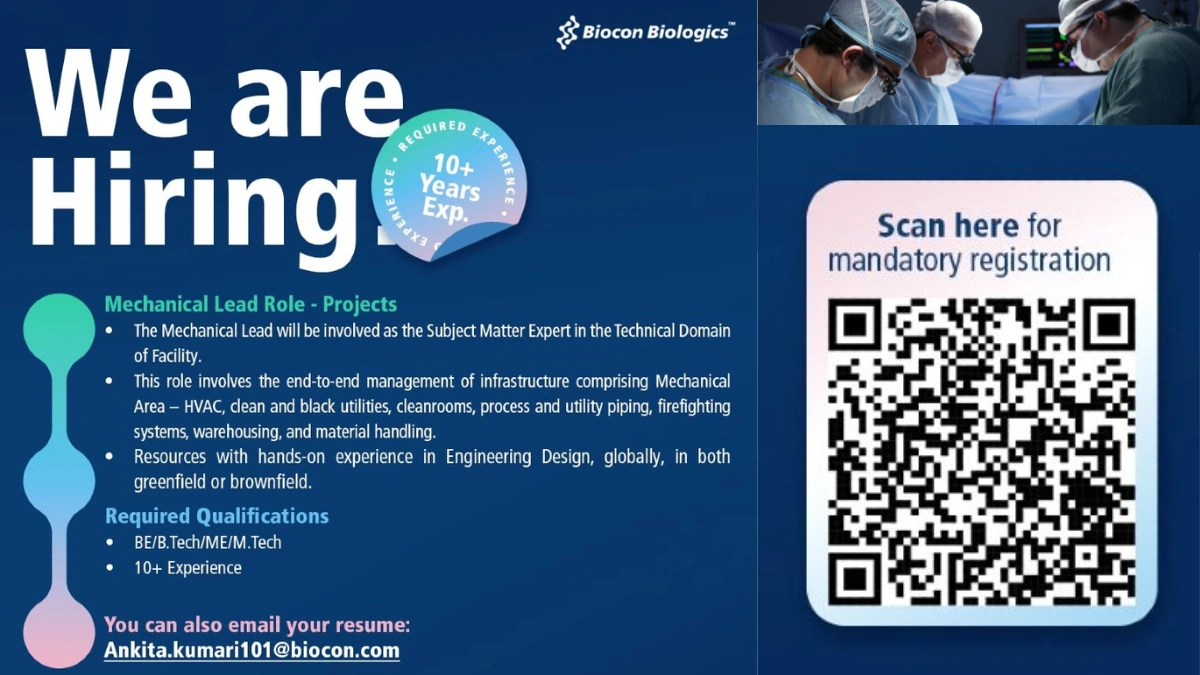 Biocon Biologics is Hiring for Mechanical Lead for Projects