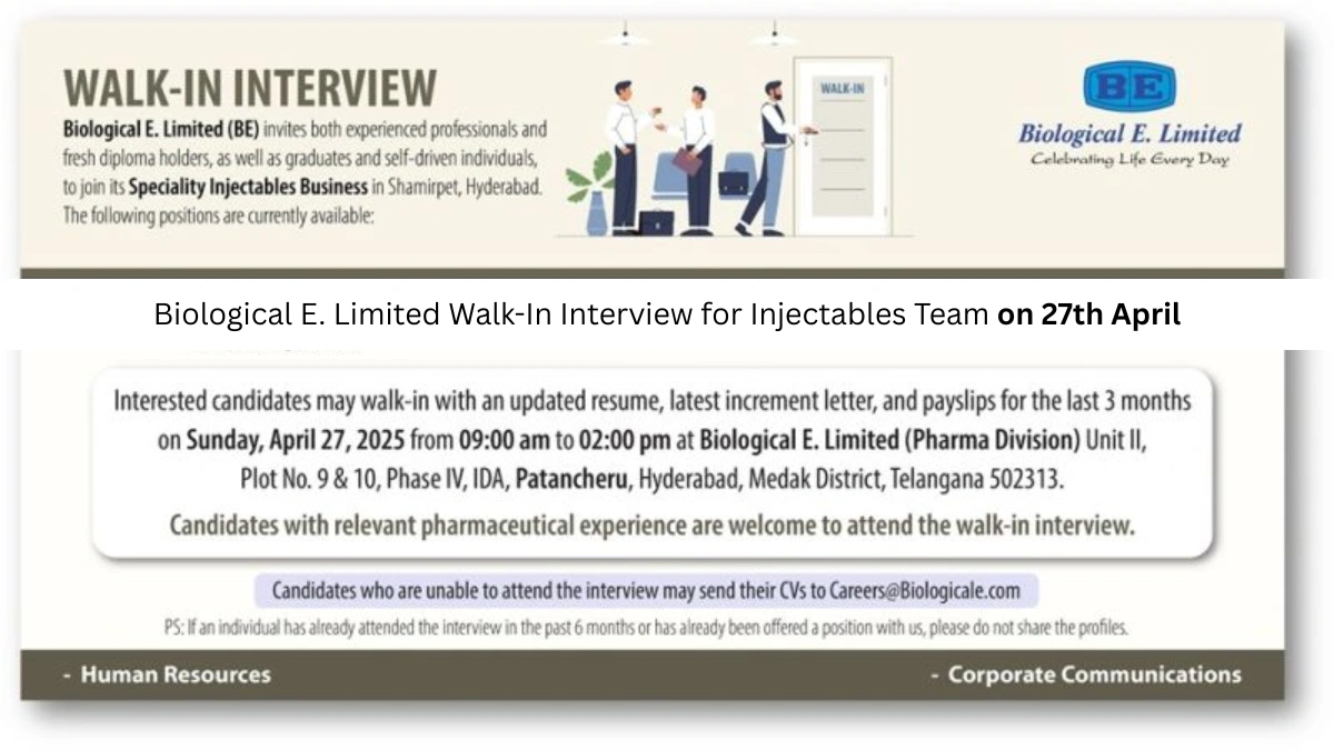 Biological E. Limited Walk-In Interview for Injectables Team